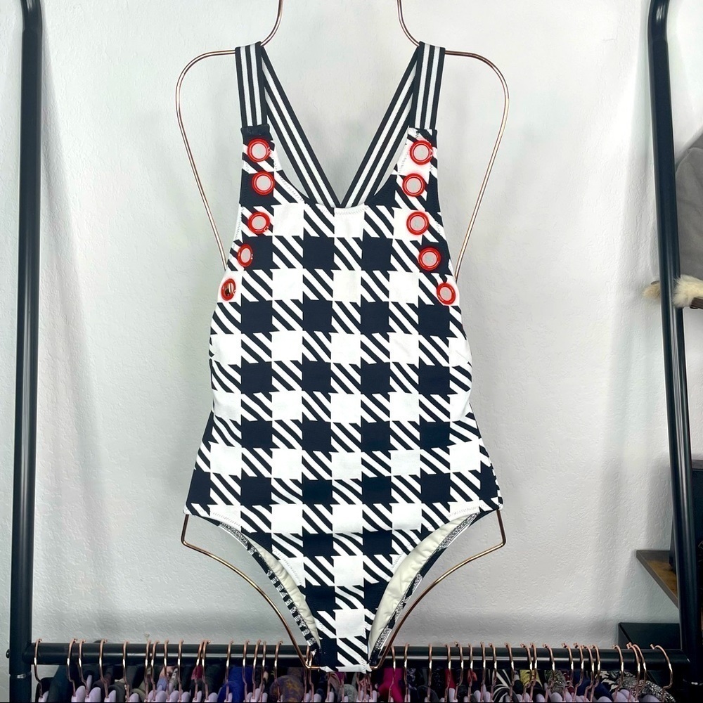 SOLID & STRIPED Black and White Plaid One-Piece Swimsuit with Red Accent